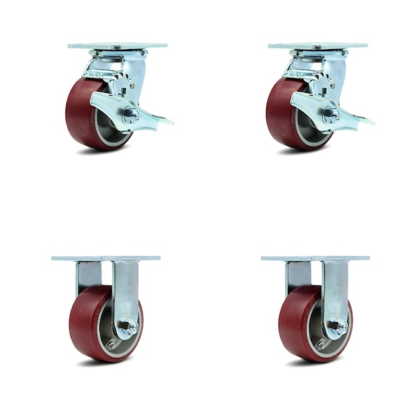 4 Inch Poly on Aluminum Caster Set with Roller Bearings 2 Brakes 2 Rigid SCC